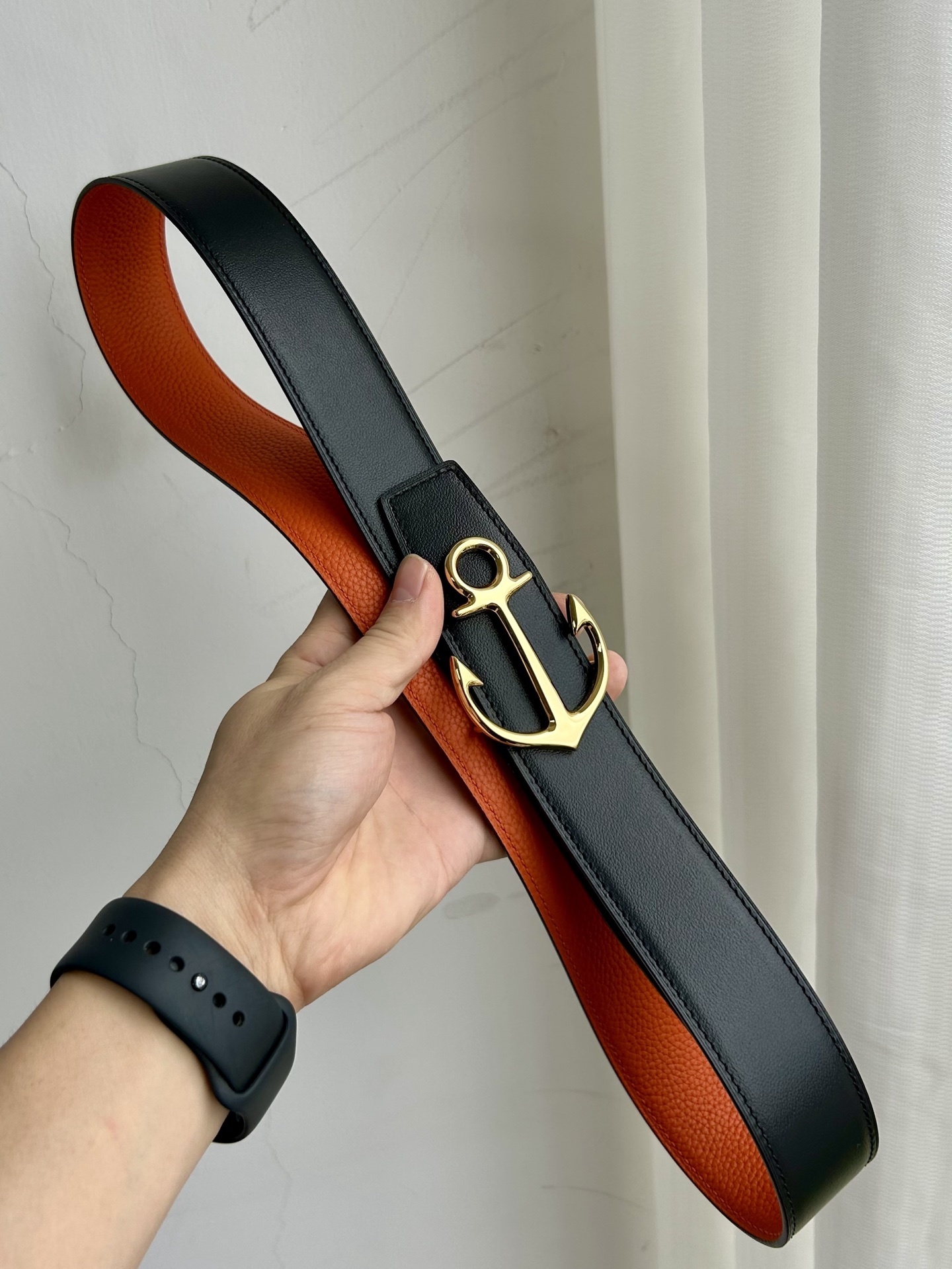 Men's Reversible Leather Belt Gold Anchor Gancini Buckle - Orange/Black