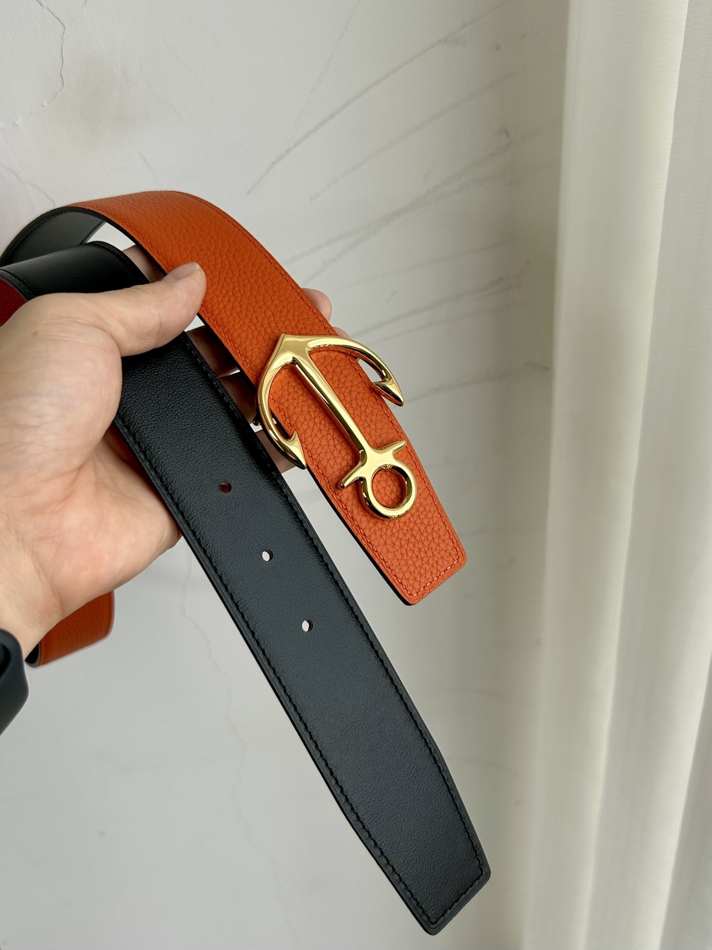 Men’s Reversible Leather Belt Gold Anchor Gancini Buckle – Orange/Black