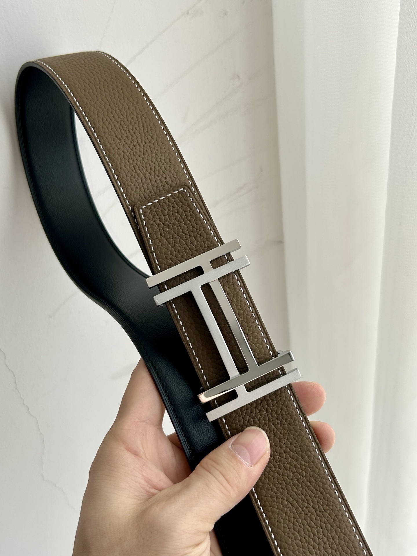Luxury H Buckle Leather Belt - Etoupe Brown Gold/Silver Hardware