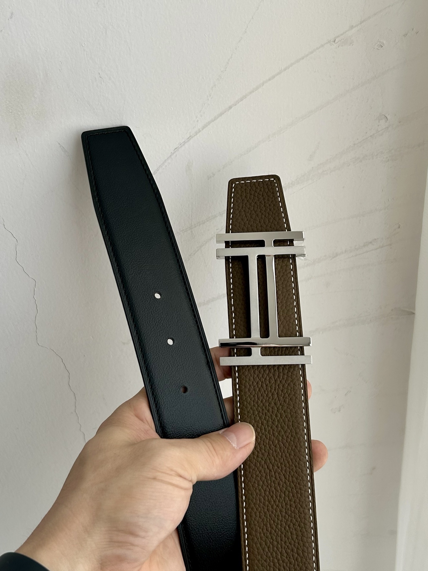 Luxury H Buckle Leather Belt - Etoupe Brown Gold/Silver Hardware