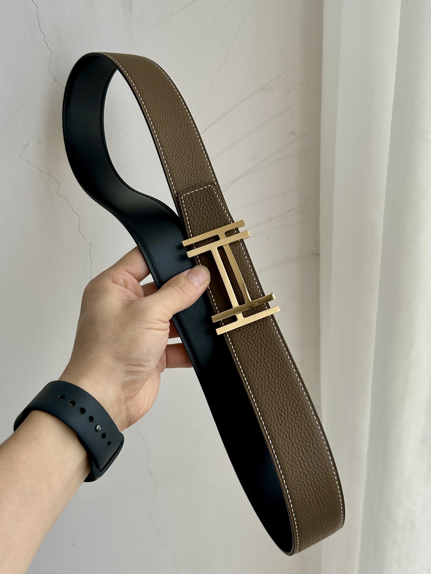 Luxury H Buckle Leather Belt - Etoupe Brown Gold/Silver Hardware