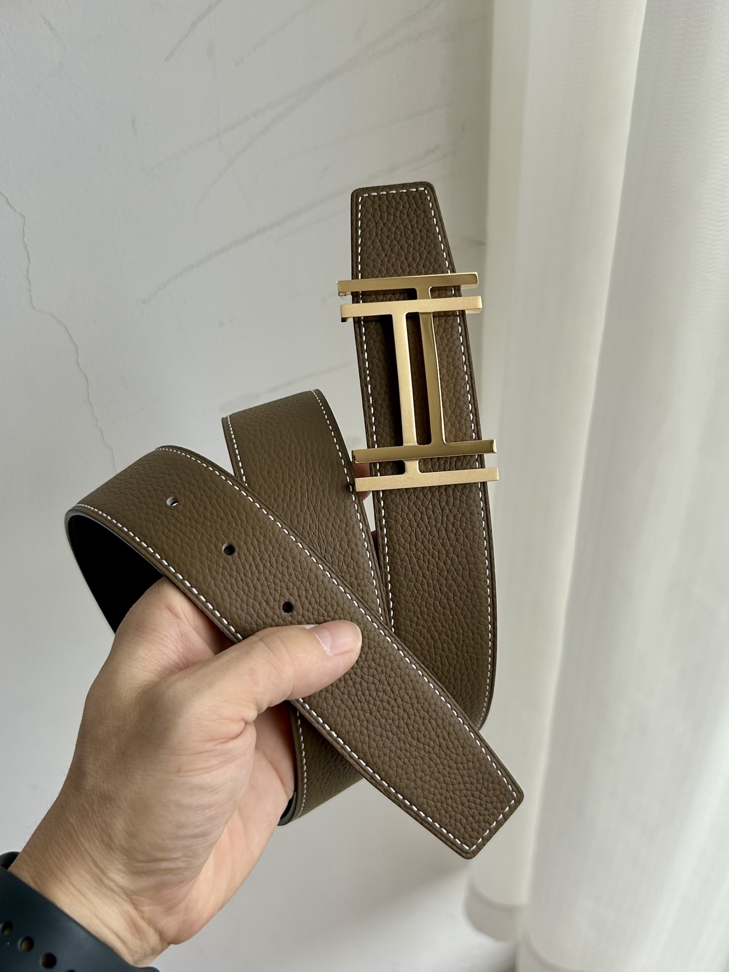 Luxury H Buckle Leather Belt - Etoupe Brown Gold/Silver Hardware