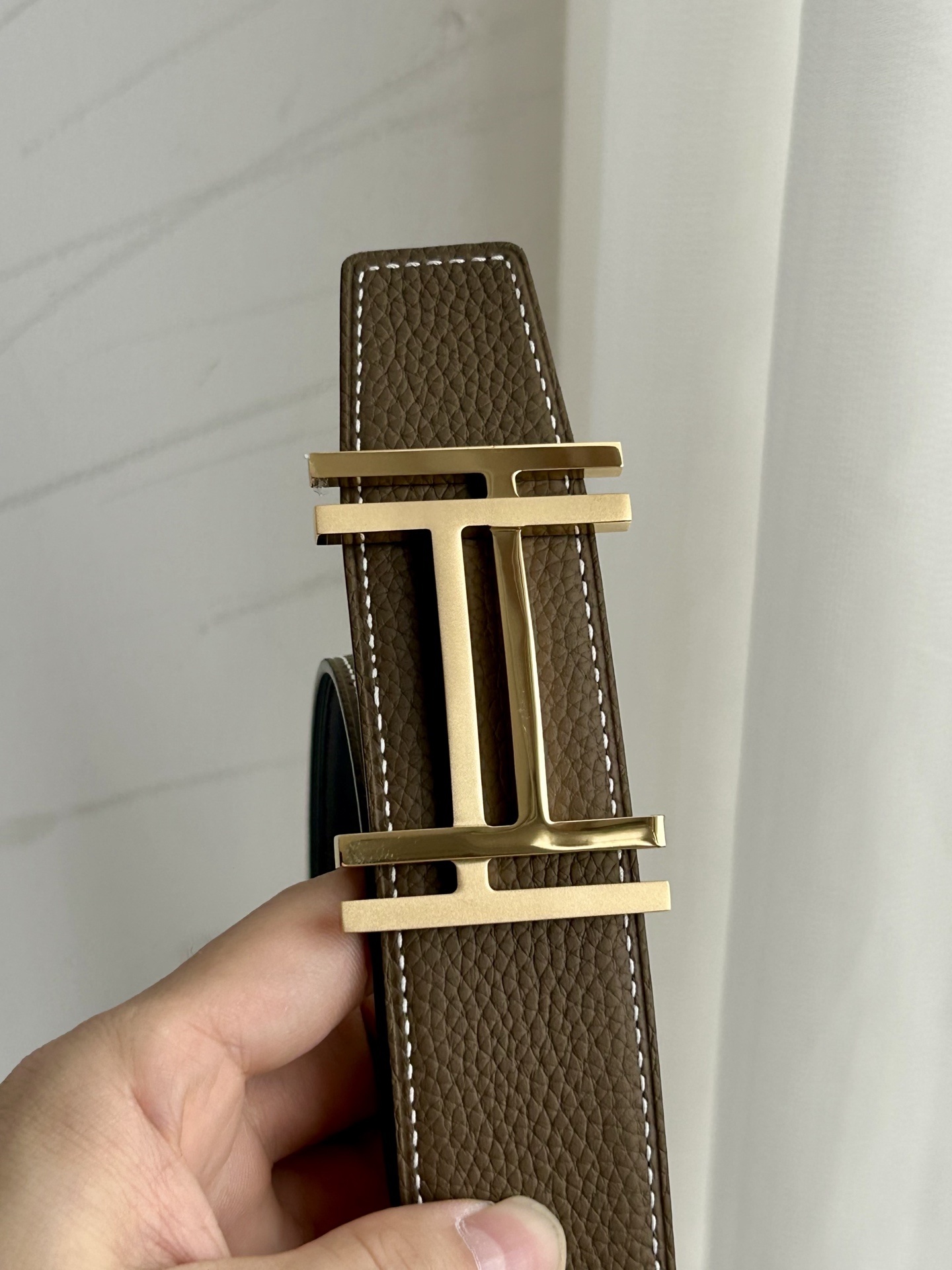 Luxury H Buckle Leather Belt - Etoupe Brown Gold/Silver Hardware