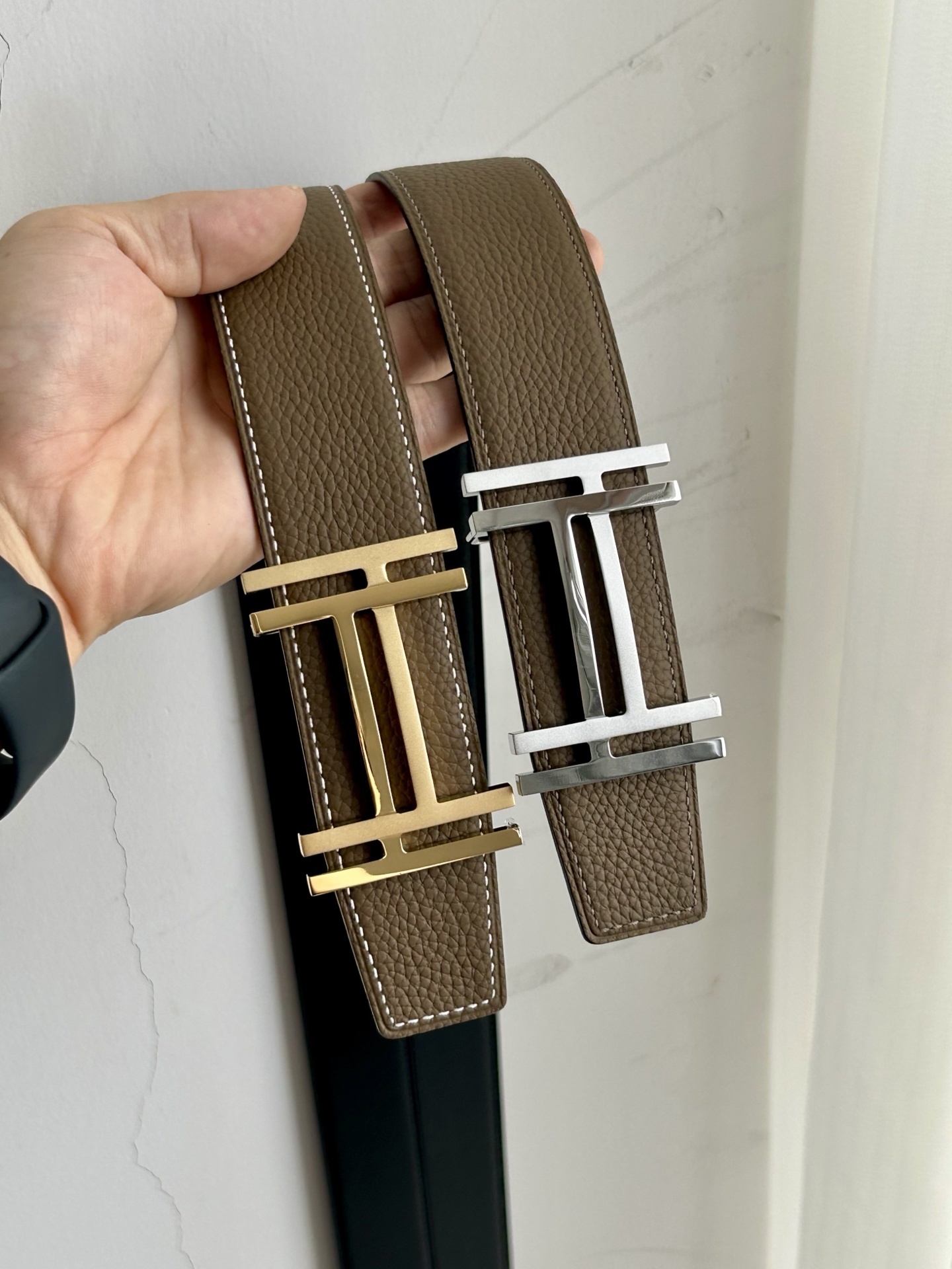 Luxury H Buckle Leather Belt – Etoupe Brown Gold/Silver Hardware
