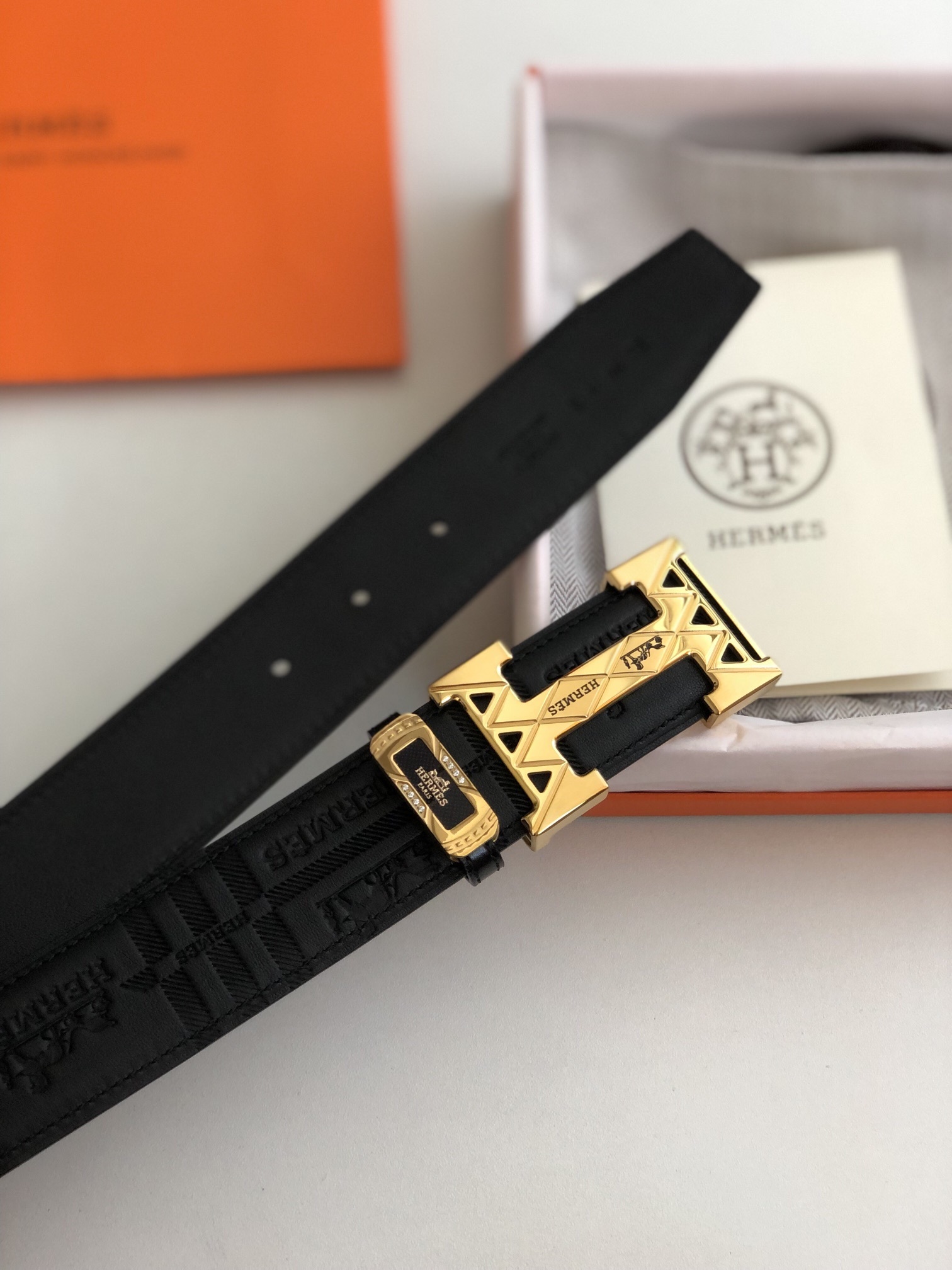 Hermes Black Leather Belt with Gold H Buckle & Logo Pattern