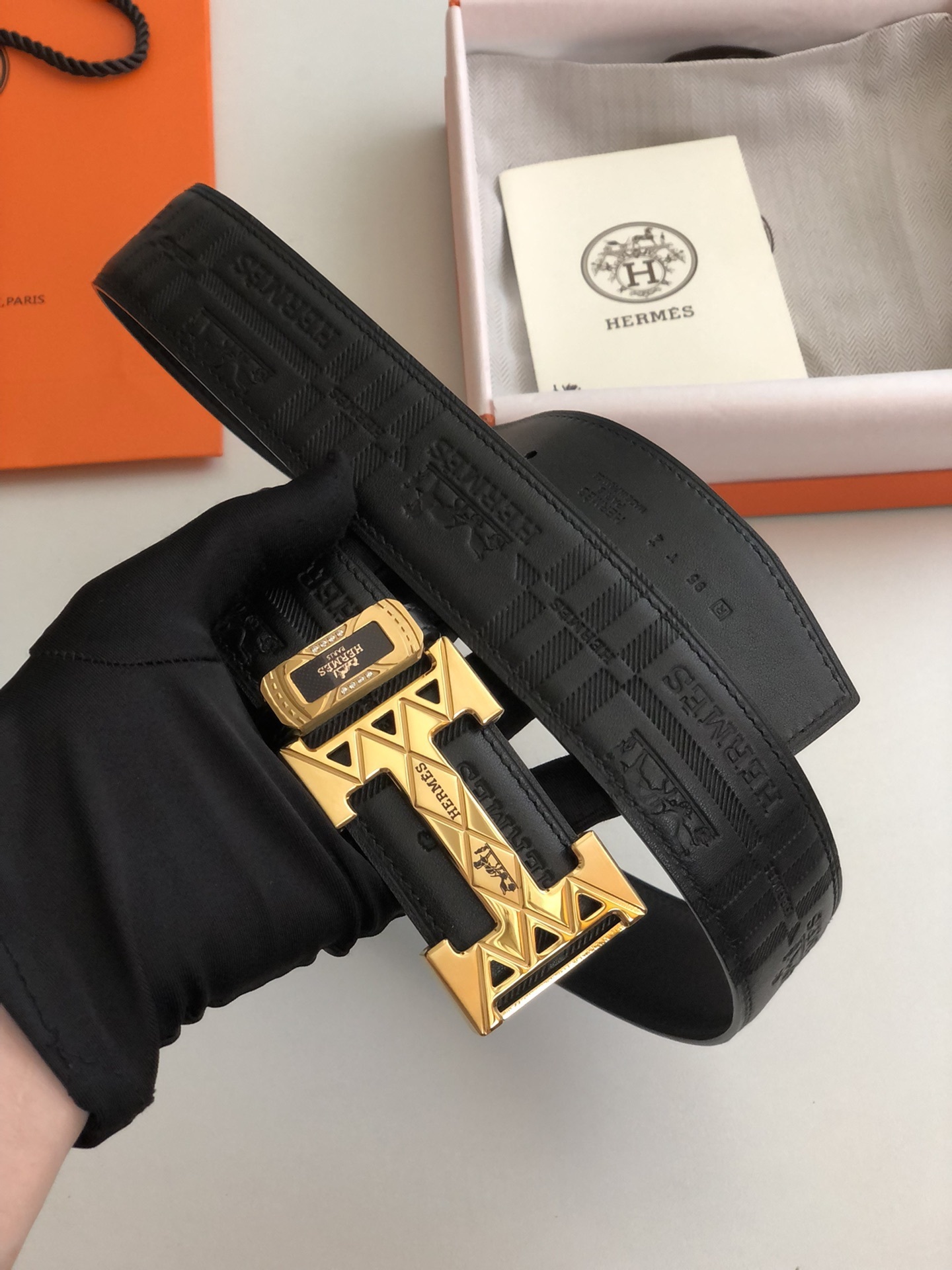 Hermes Black Leather Belt with Gold H Buckle & Logo Pattern