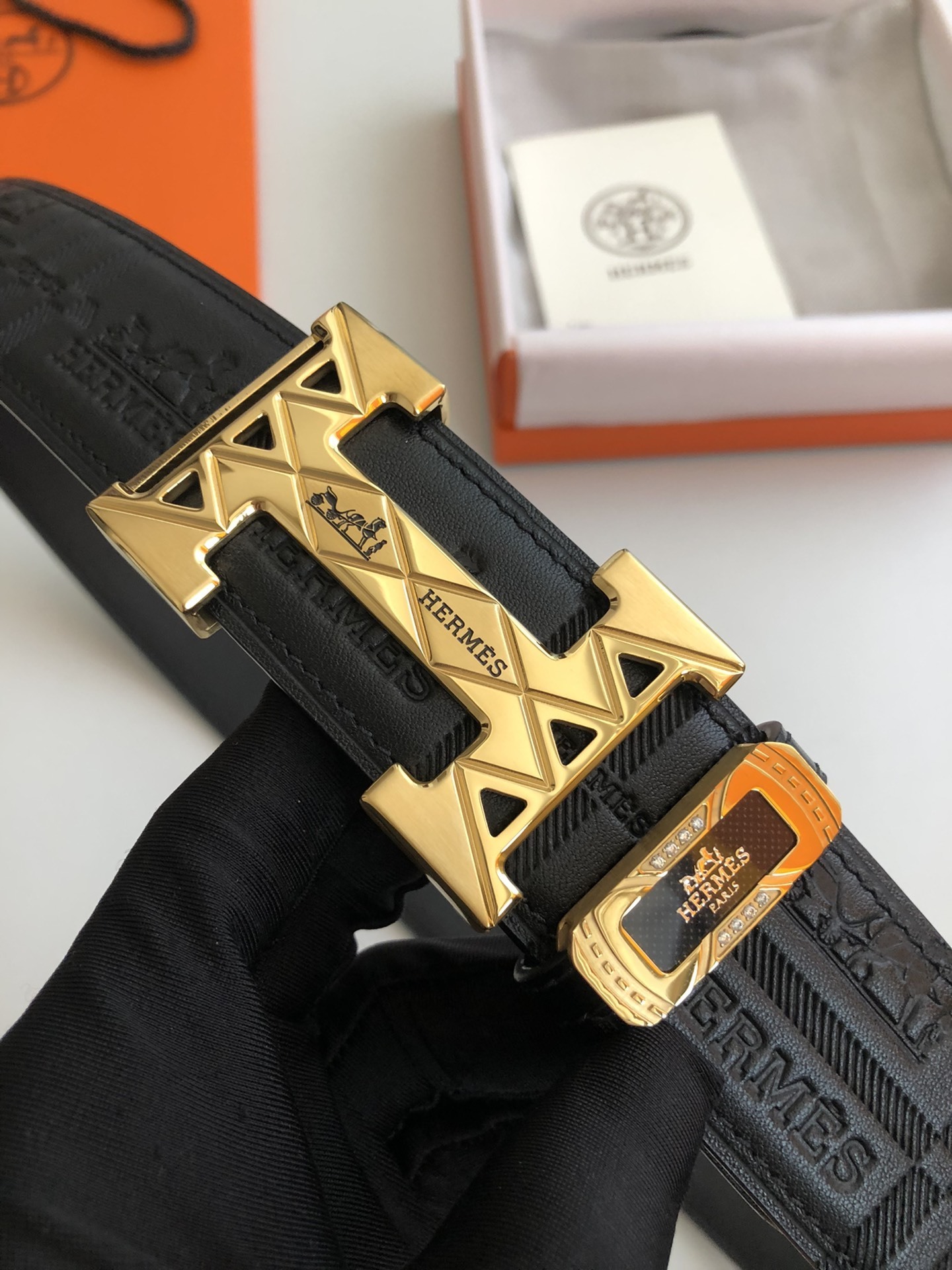 Hermes Black Leather Belt with Gold H Buckle & Logo Pattern