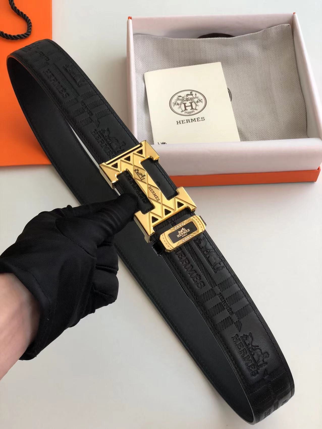 Hermes Black Leather Belt with Gold H Buckle & Logo Pattern