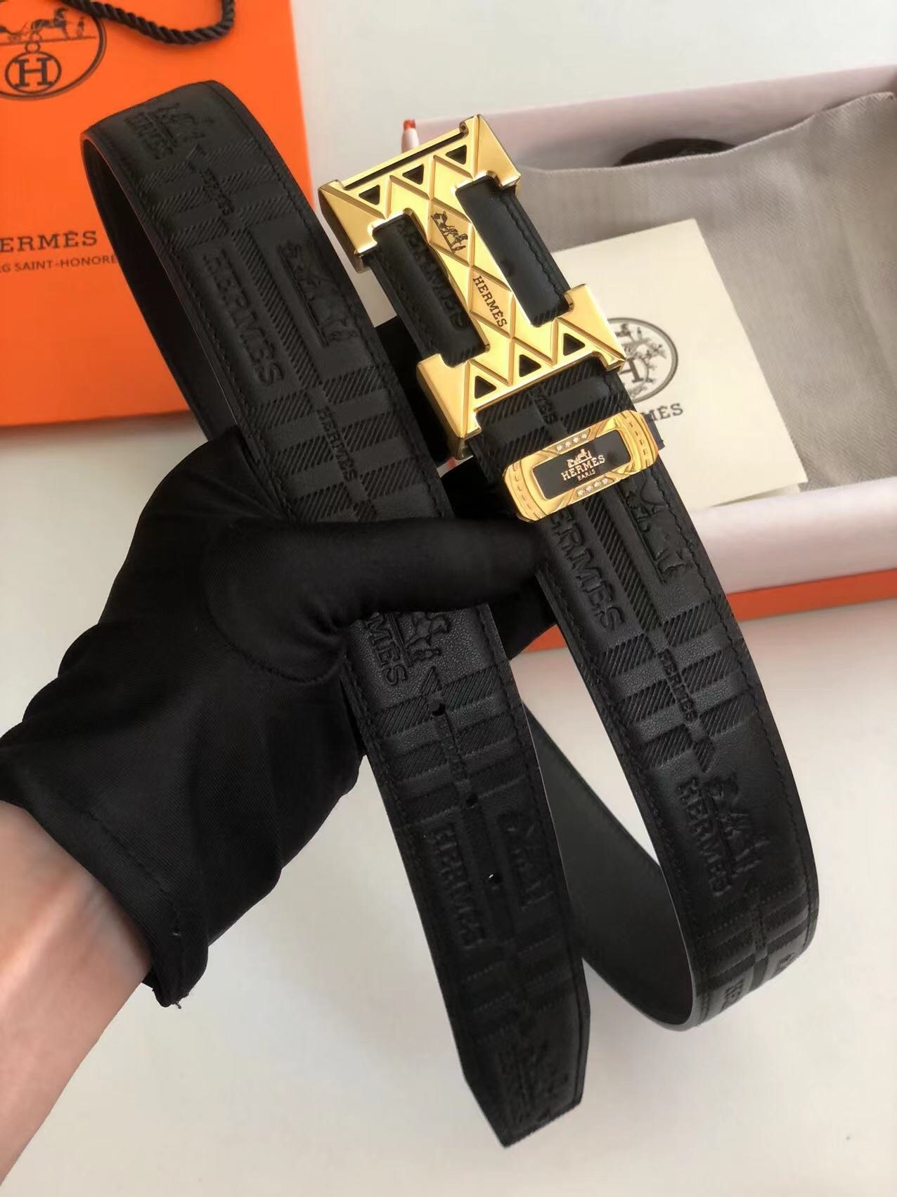 Hermes Black Leather Belt with Gold H Buckle & Logo Pattern
