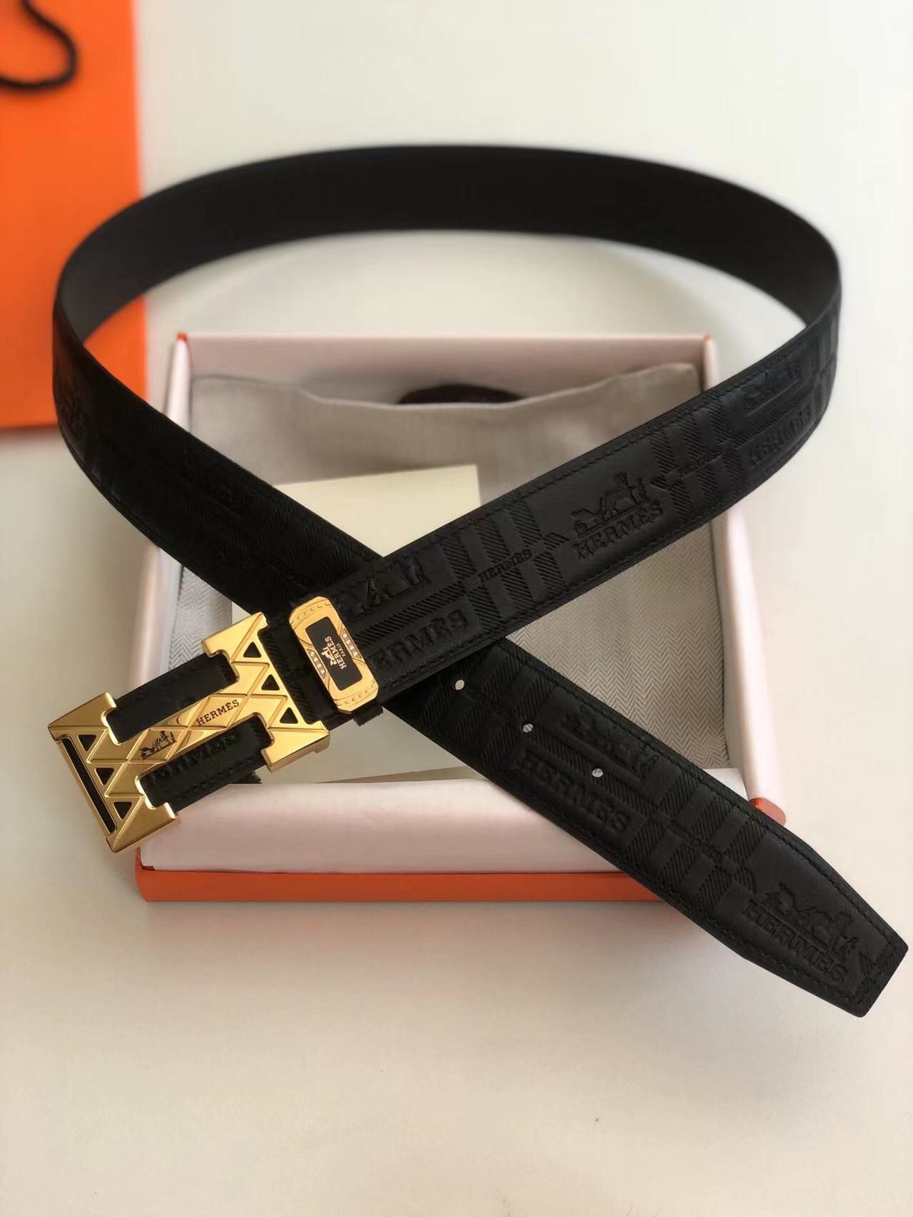 Hermes Black Leather Belt with Gold H Buckle & Logo Pattern