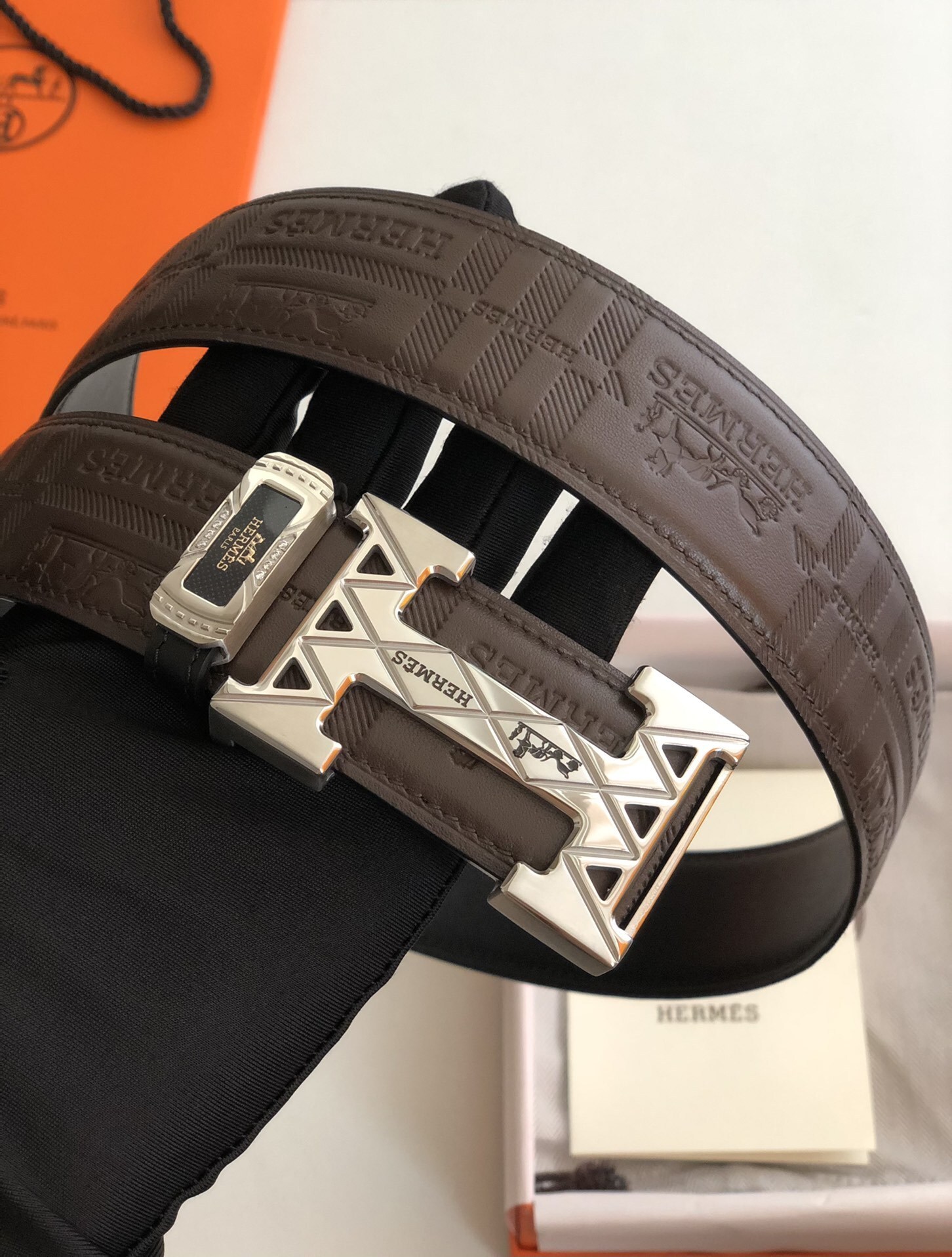 Hermes Men's Embossed Leather Belt with Silver H Buckle - Brown