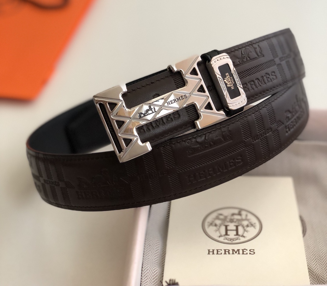 Hermes Men's Embossed Leather Belt with Silver H Buckle - Brown