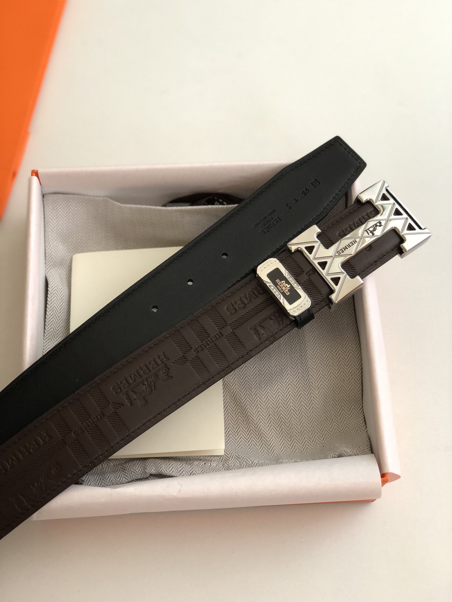 Hermes Men's Embossed Leather Belt with Silver H Buckle - Brown