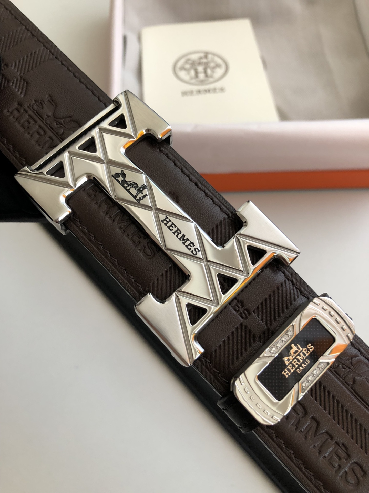 Hermes Men's Embossed Leather Belt with Silver H Buckle - Brown