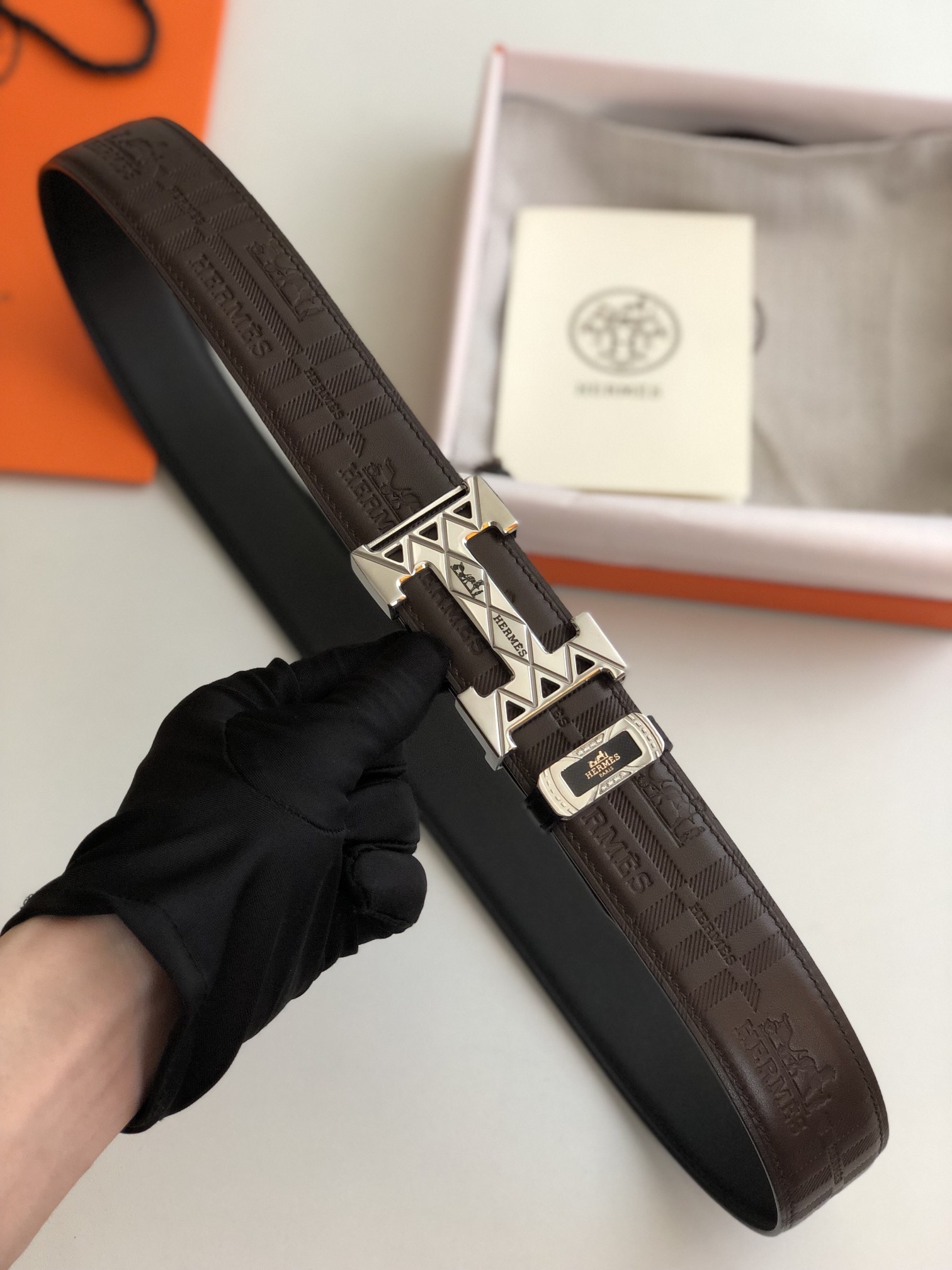 Hermes Men's Embossed Leather Belt with Silver H Buckle - Brown