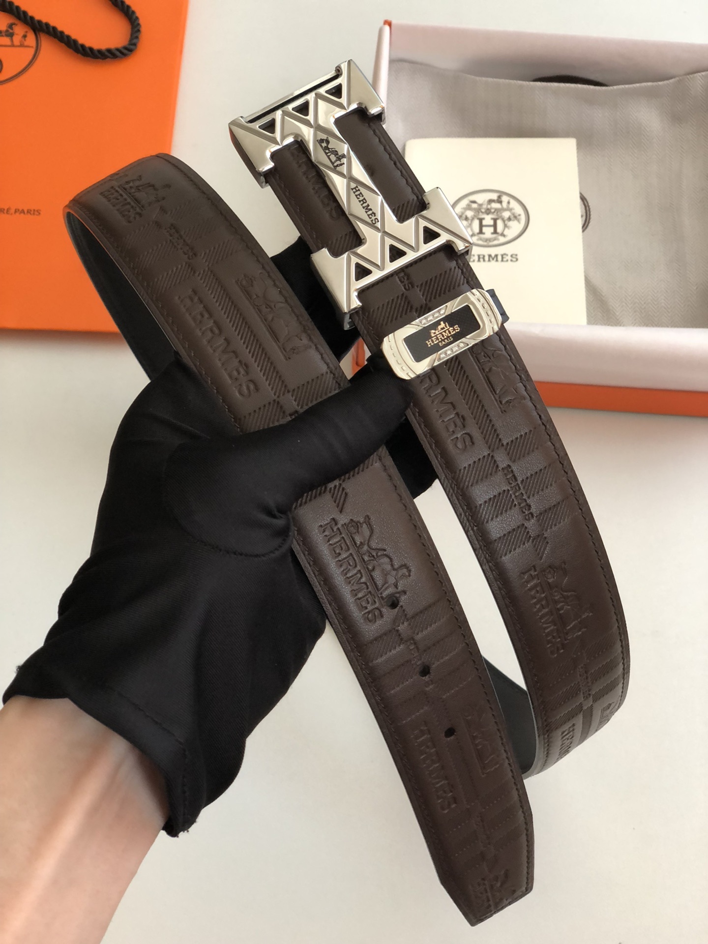 Hermes Men's Embossed Leather Belt with Silver H Buckle - Brown