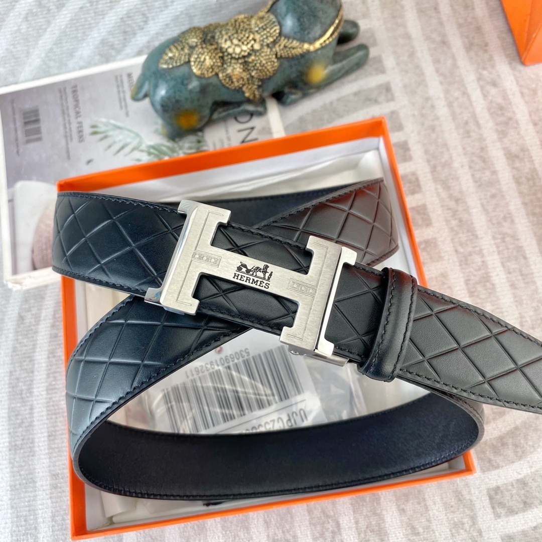 Hermes Men's Black Quilted Leather Belt with Silver H Buckle