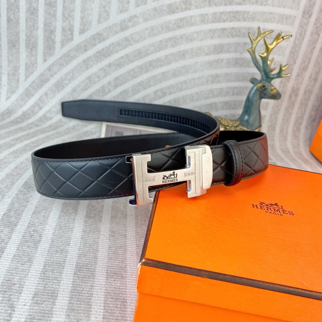 Hermes Men's Black Quilted Leather Belt with Silver H Buckle