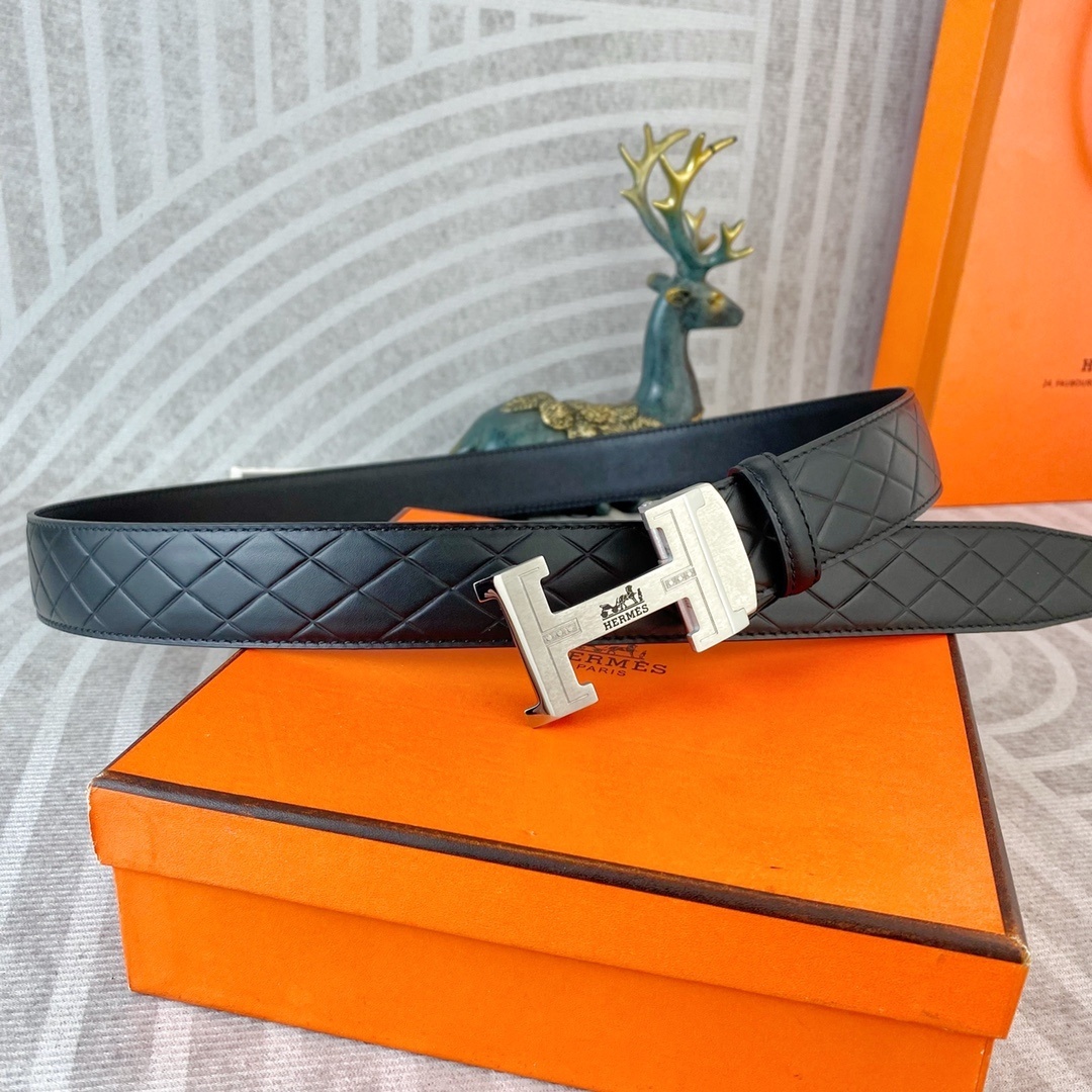 Hermes Men's Black Quilted Leather Belt with Silver H Buckle