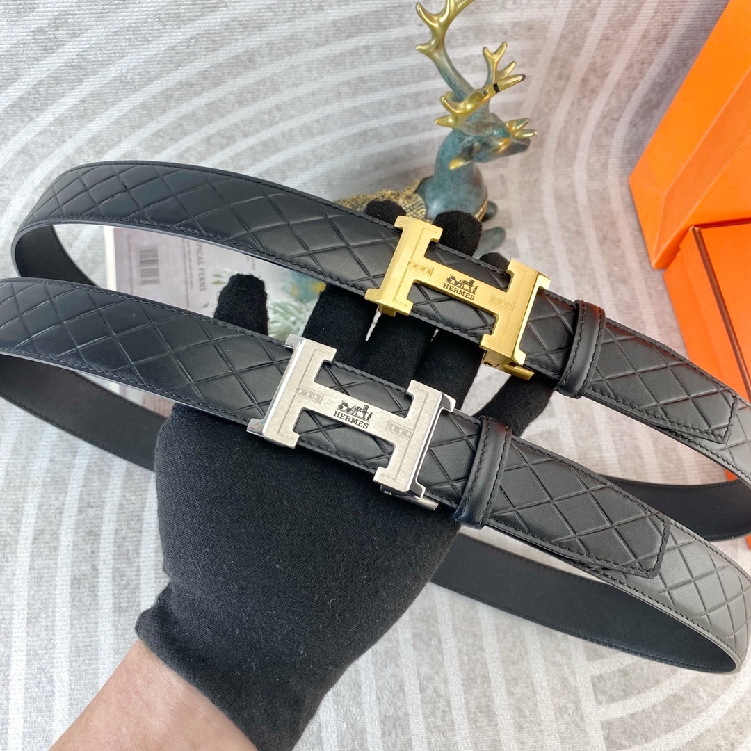 Hermes Men's Black Quilted Leather Belt with Gold H Buckle