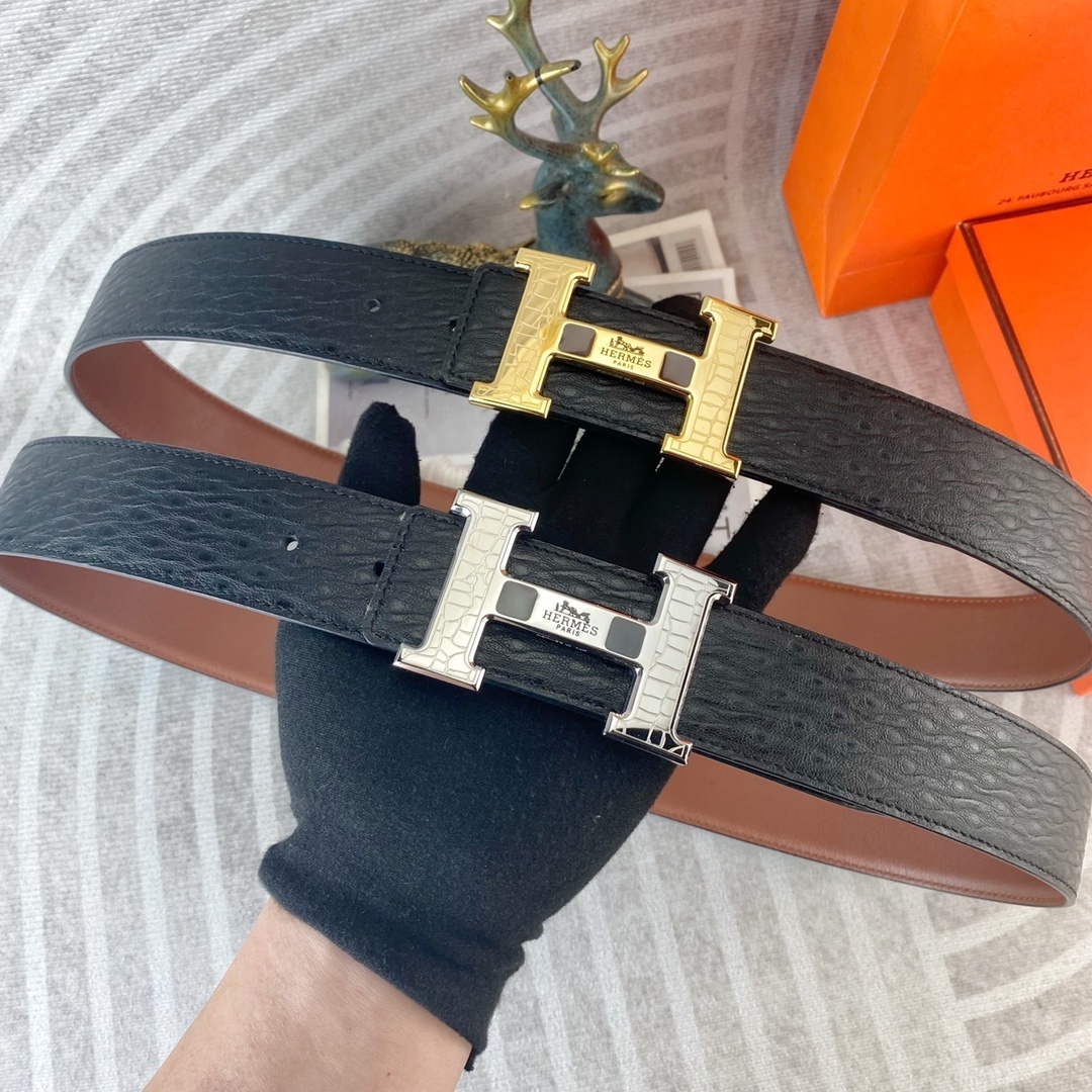 Hermès H-Buckle Leather Belt - Premium Textured Black & Brown