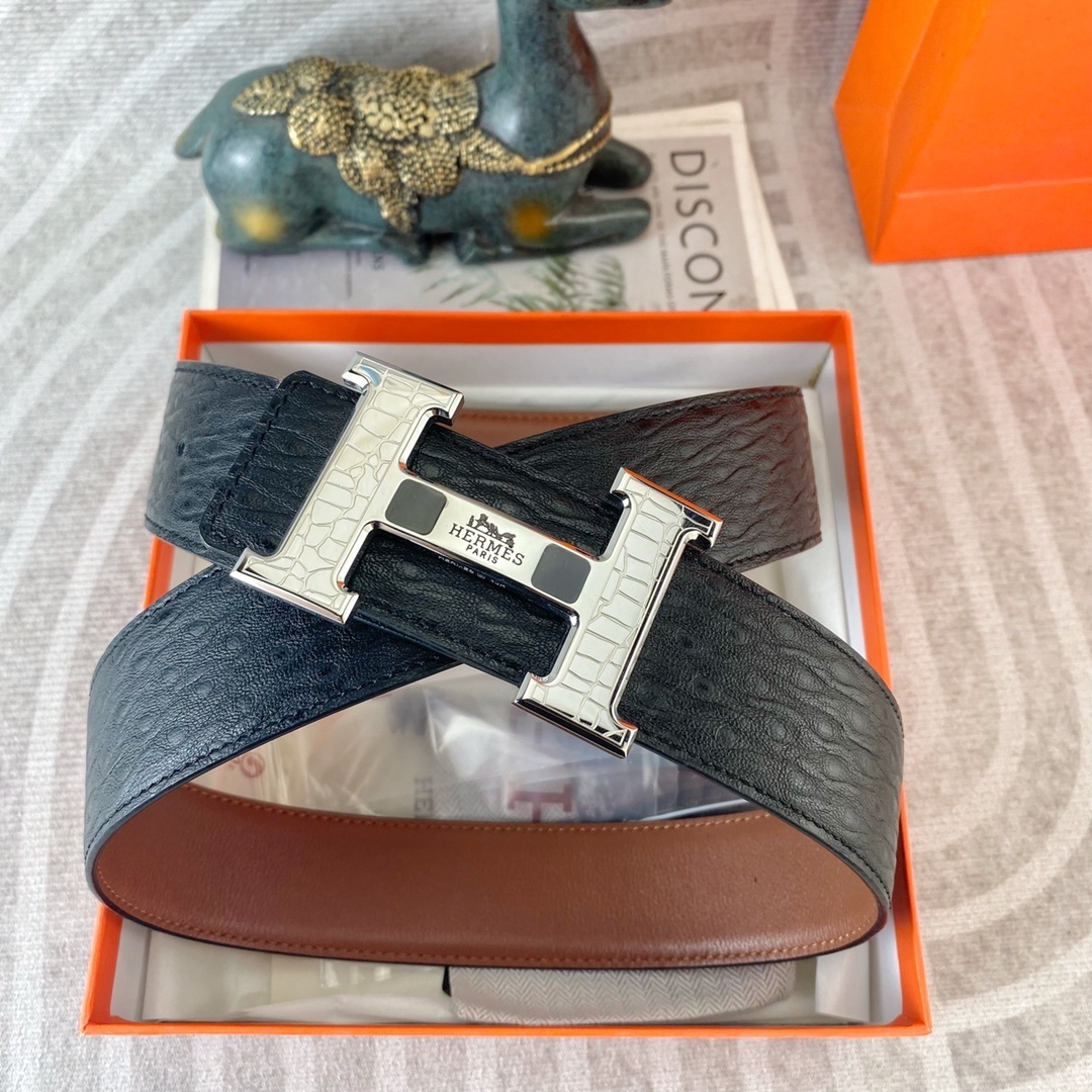 Hermès H-Buckle Leather Belt - Premium Textured Black & Brown