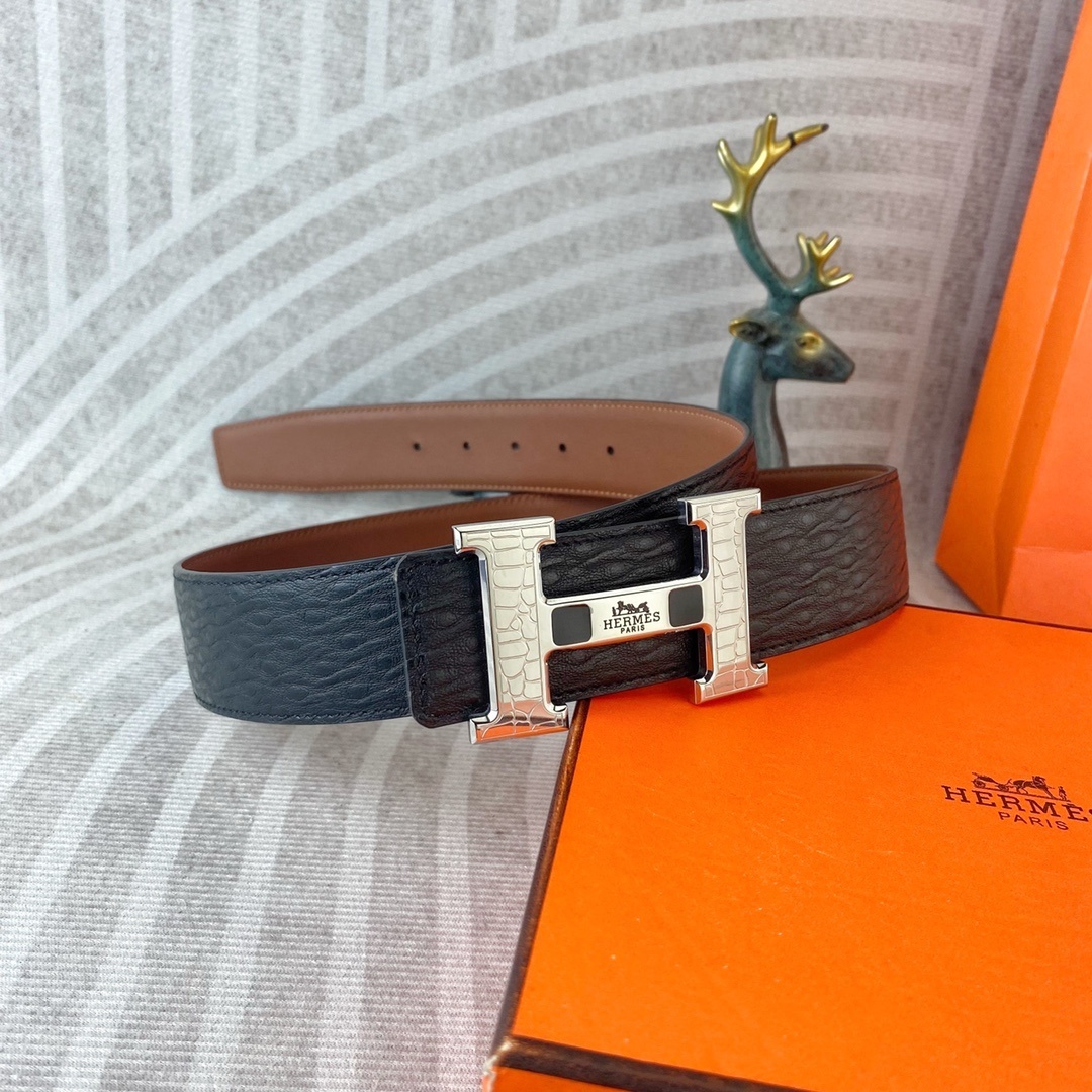 Hermès H-Buckle Leather Belt - Premium Textured Black & Brown