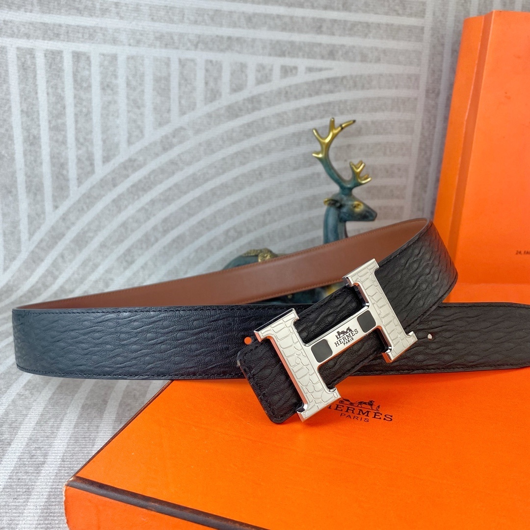 Hermès H-Buckle Leather Belt - Premium Textured Black & Brown