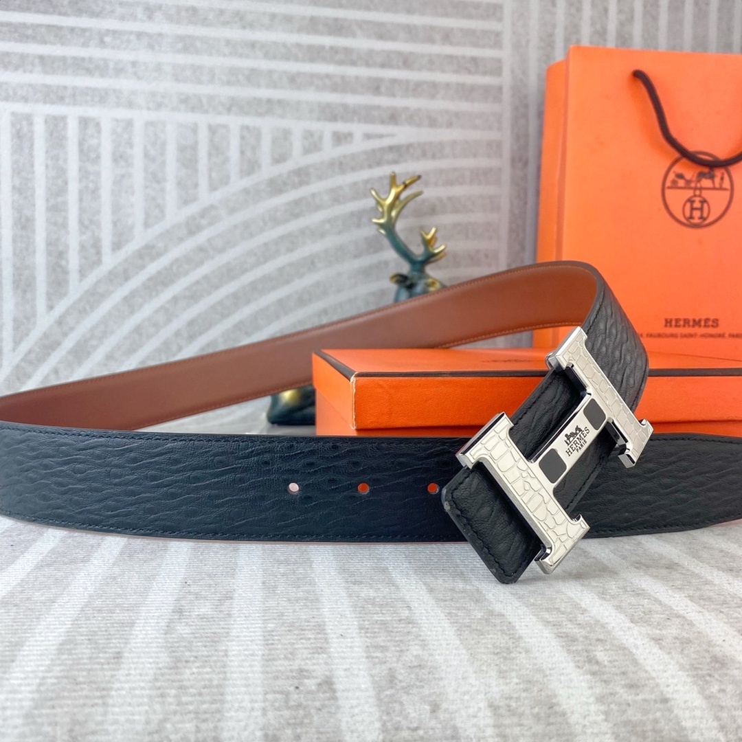 Hermès H-Buckle Leather Belt - Premium Textured Black & Brown