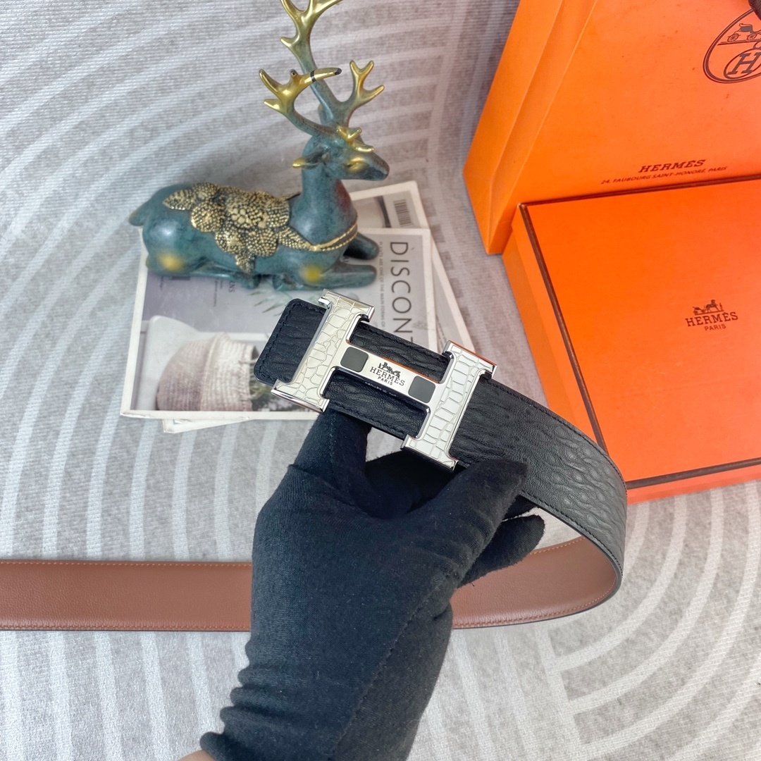 Hermès H-Buckle Leather Belt - Premium Textured Black & Brown