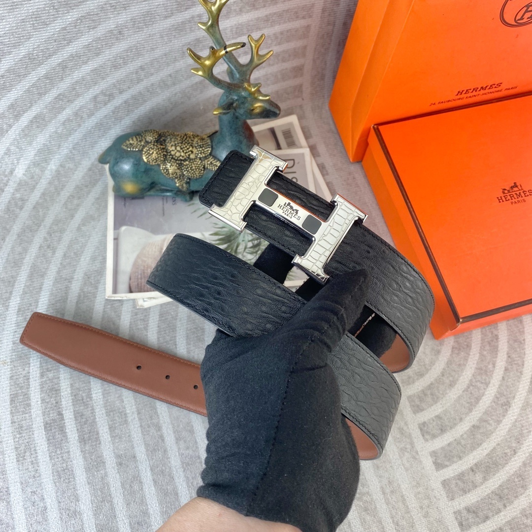 Hermès H-Buckle Leather Belt - Premium Textured Black & Brown