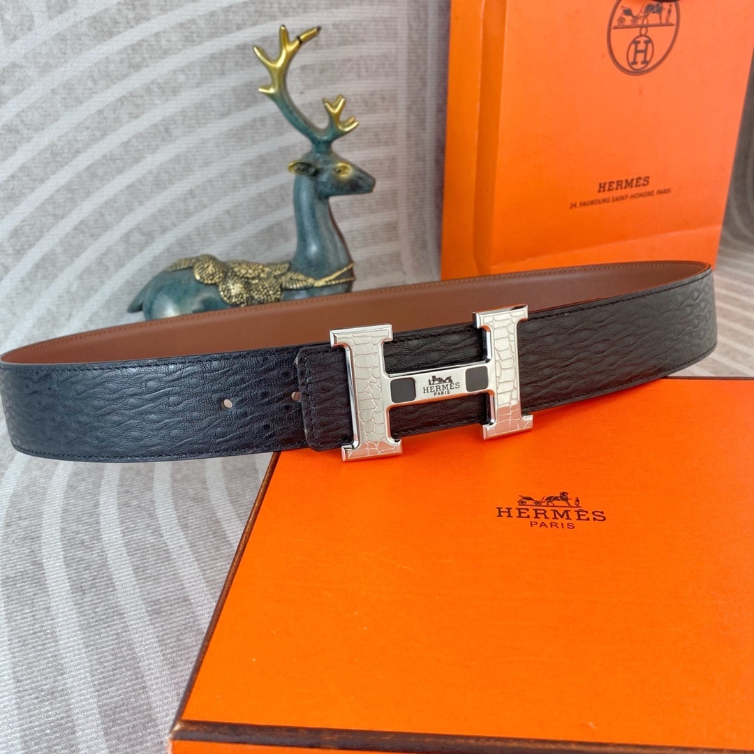 Hermès H-Buckle Leather Belt - Premium Textured Black & Brown