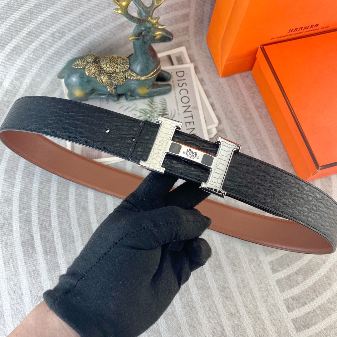 Hermès H-Buckle Leather Belt – Premium Textured Black & Brown