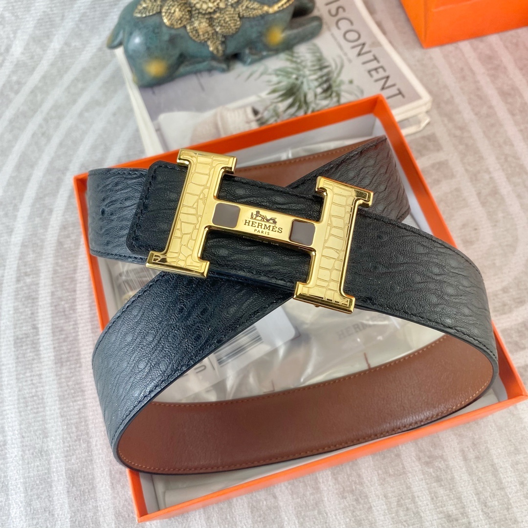 Hermès Signature H Buckle Belt Black Textured Leather Gold-Tone