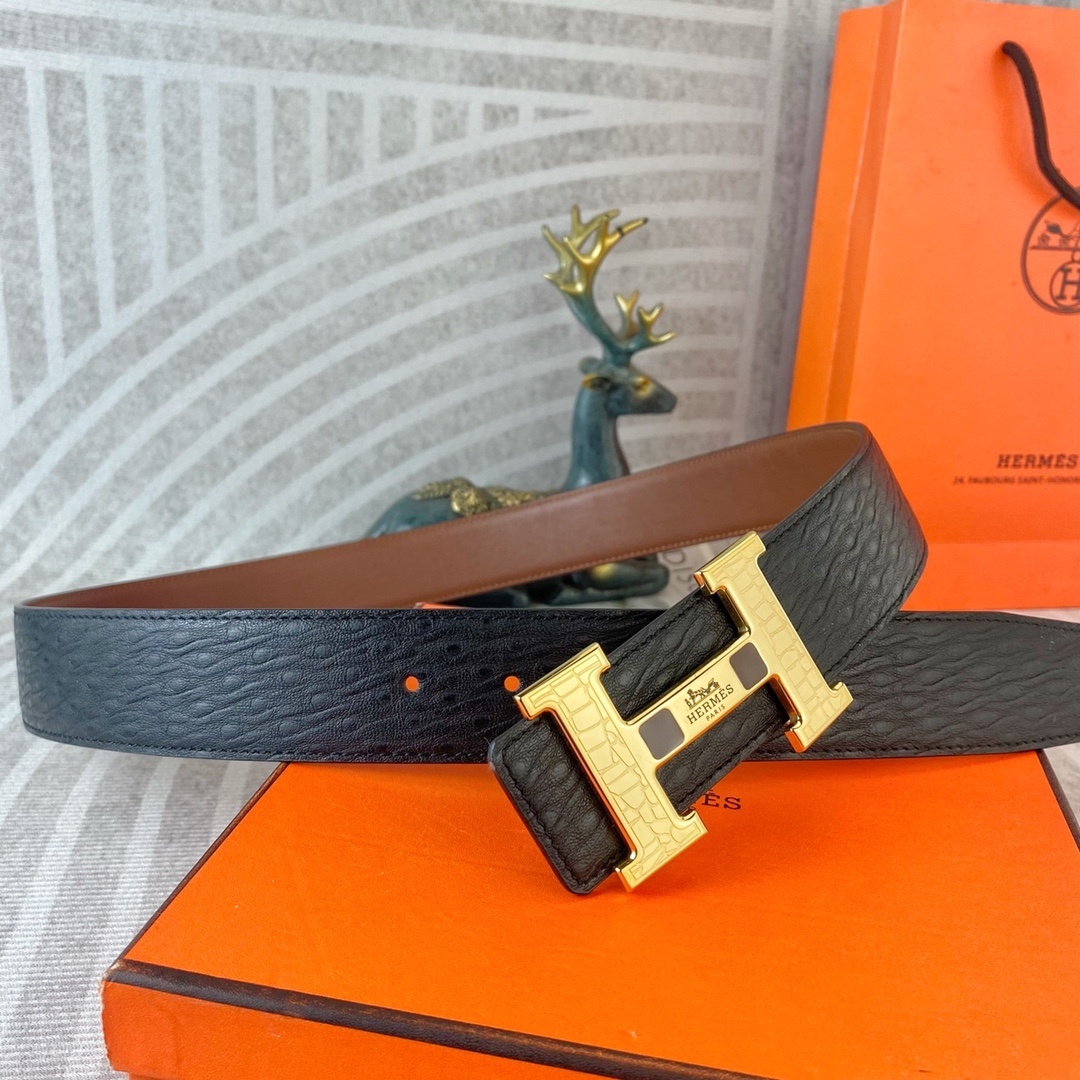 Hermès Signature H Buckle Belt Black Textured Leather Gold-Tone