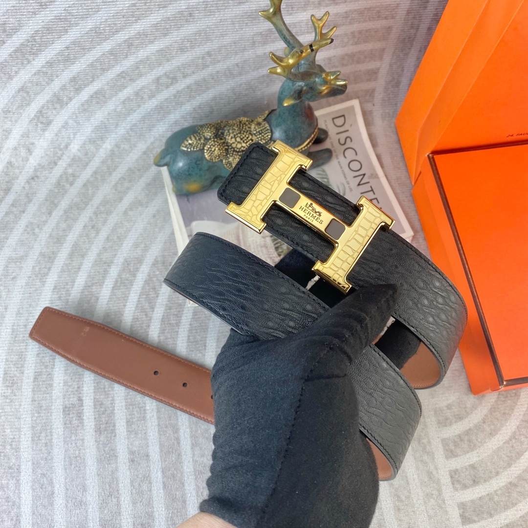 Hermès Signature H Buckle Belt Black Textured Leather Gold-Tone