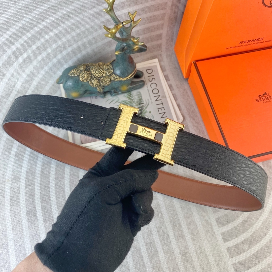 Hermès Signature H Buckle Belt Black Textured Leather Gold-Tone