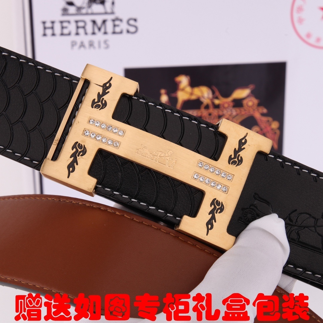 Premium Men's Leather Belt Gold H Buckle Dragon Scale Embossed