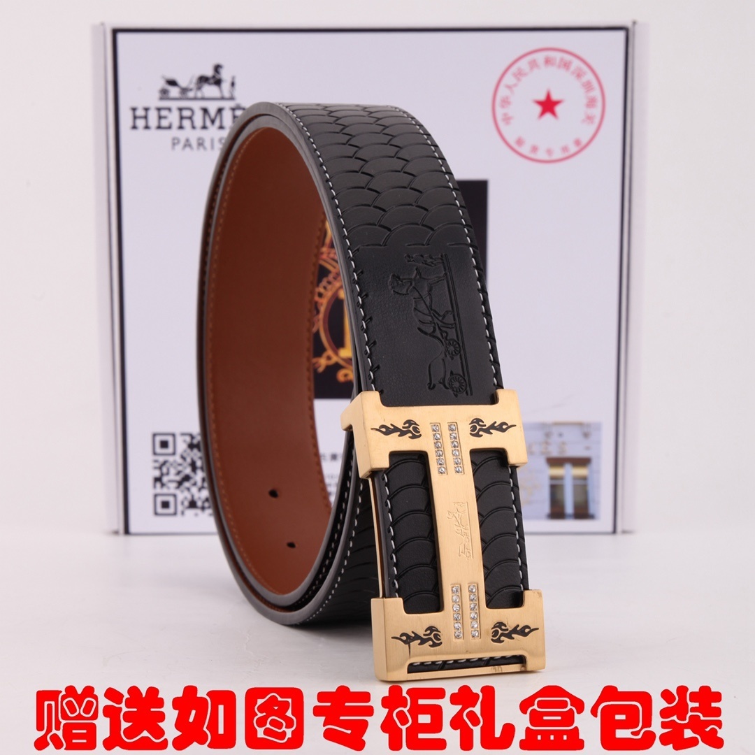 Premium Men's Leather Belt Gold H Buckle Dragon Scale Embossed