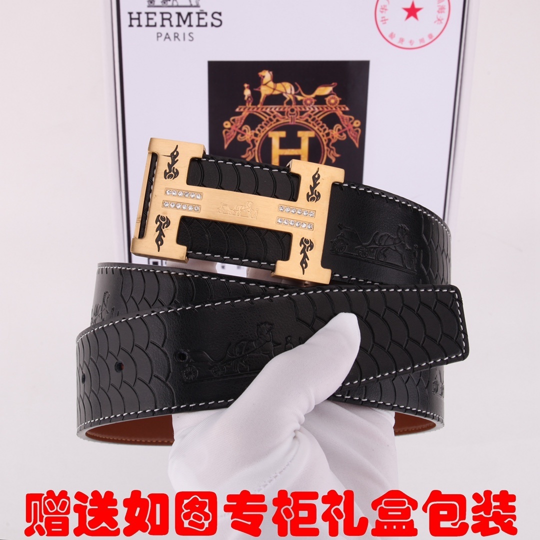 Premium Men's Leather Belt Gold H Buckle Dragon Scale Embossed