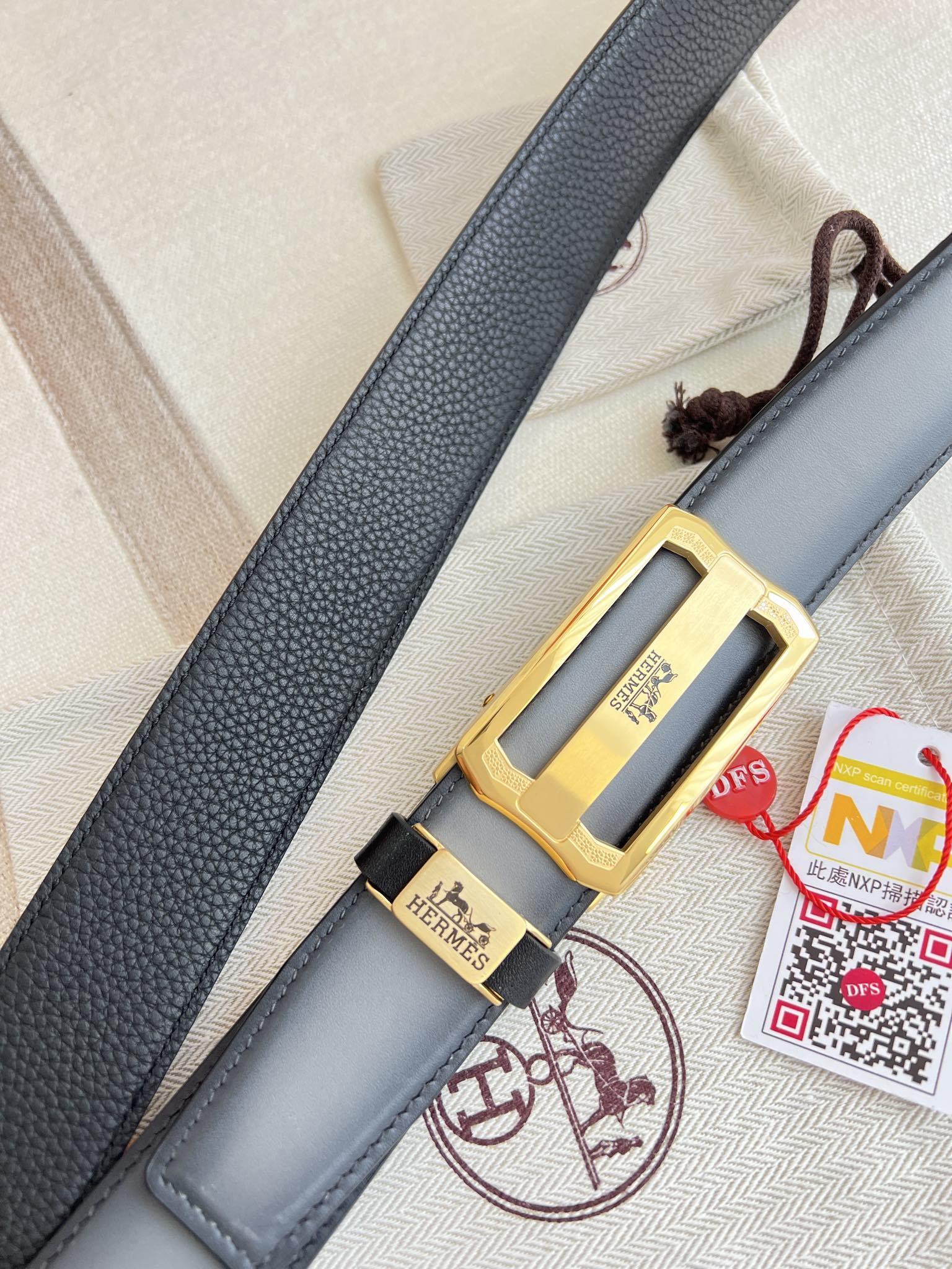 Luxury Hermès Men's Leather Belt - Gold Logo Buckle