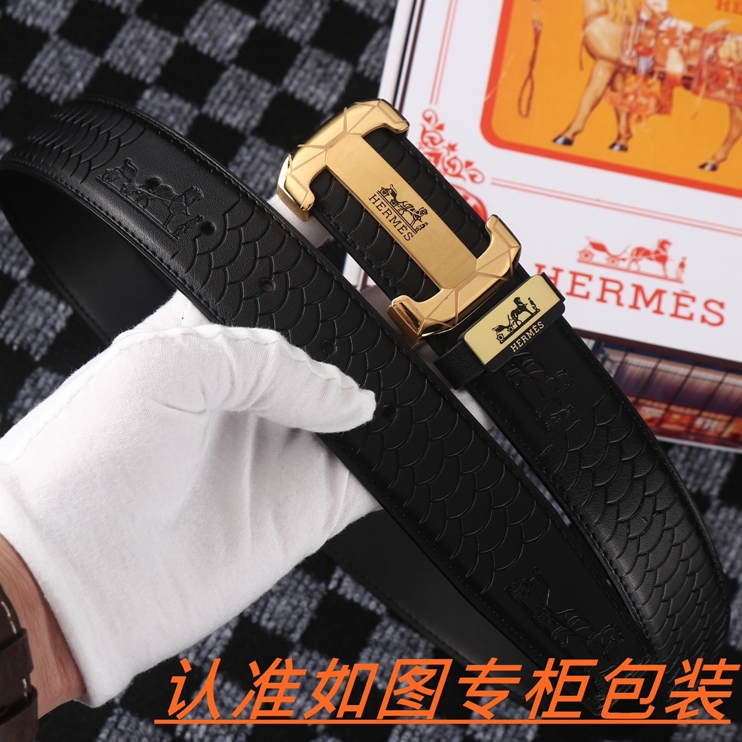 Luxury Men's Leather Belt with Gold H Buckle & Embossed Design