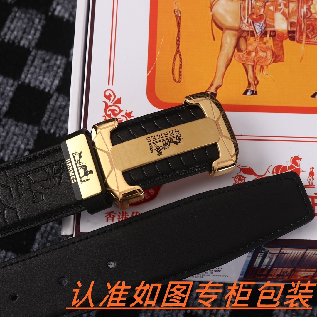 Luxury Men's Leather Belt with Gold H Buckle & Embossed Design