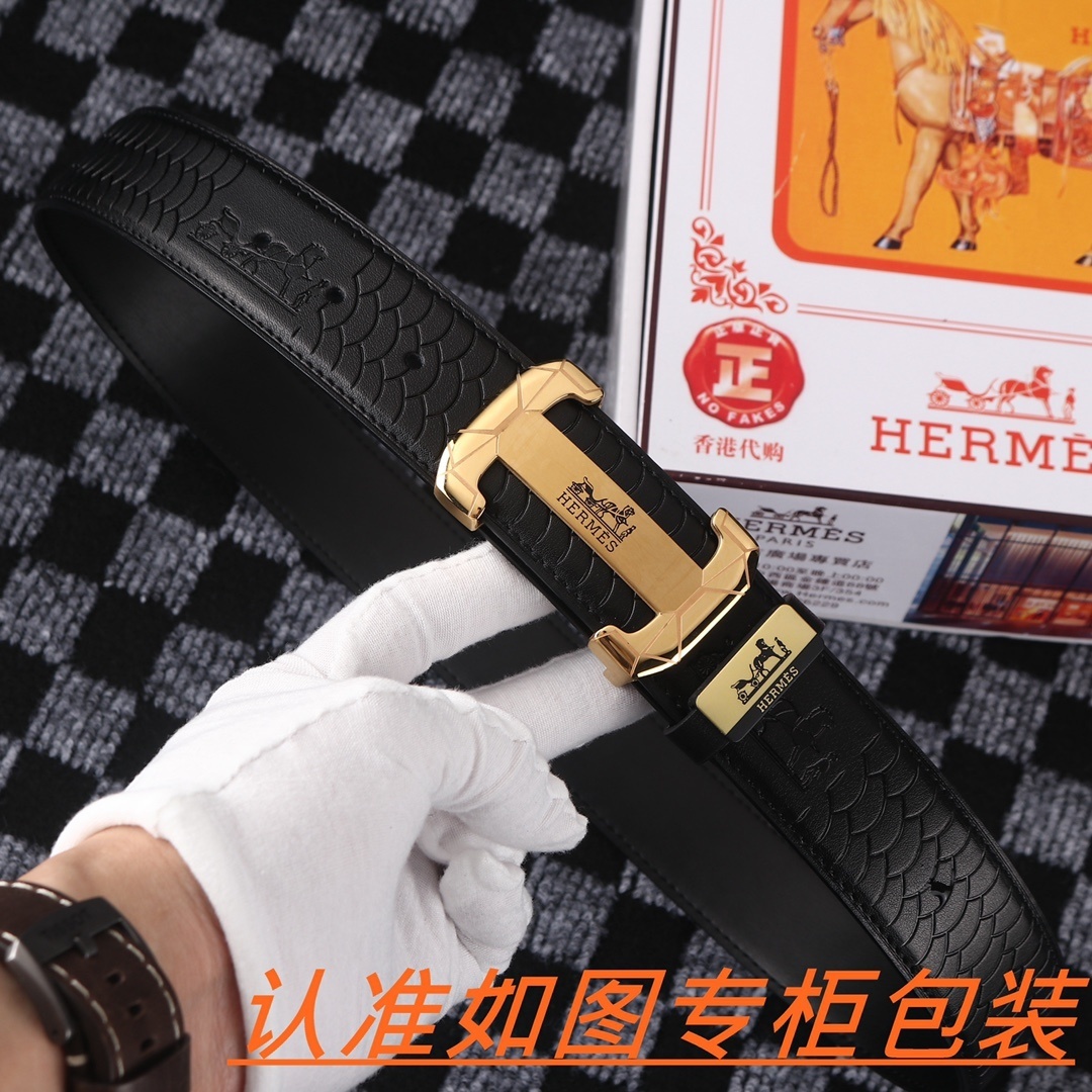 Luxury Men's Leather Belt with Gold H Buckle & Embossed Design