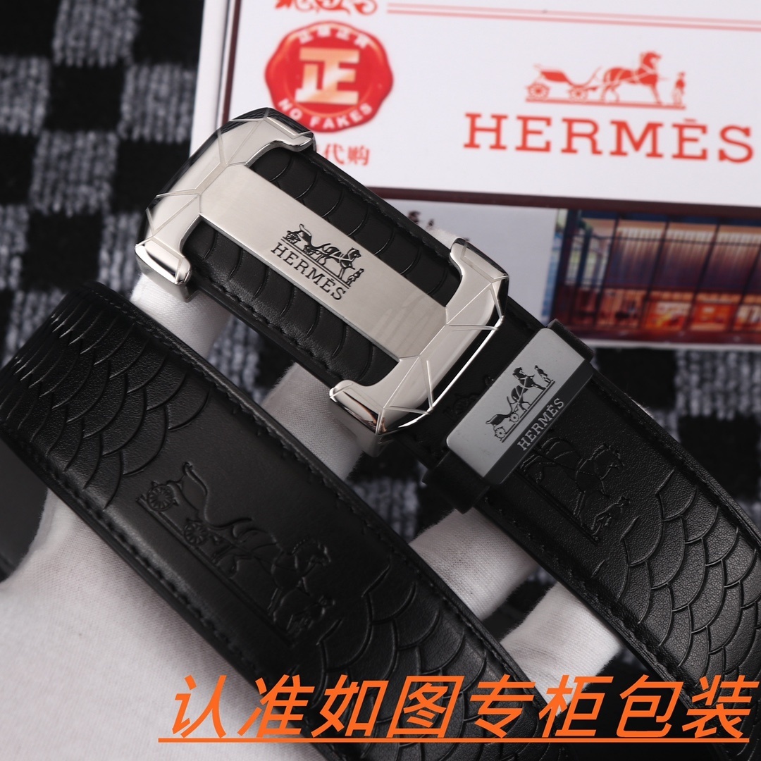 Hermès Men's Luxury Black Textured Leather Belt - Silver H Buckle