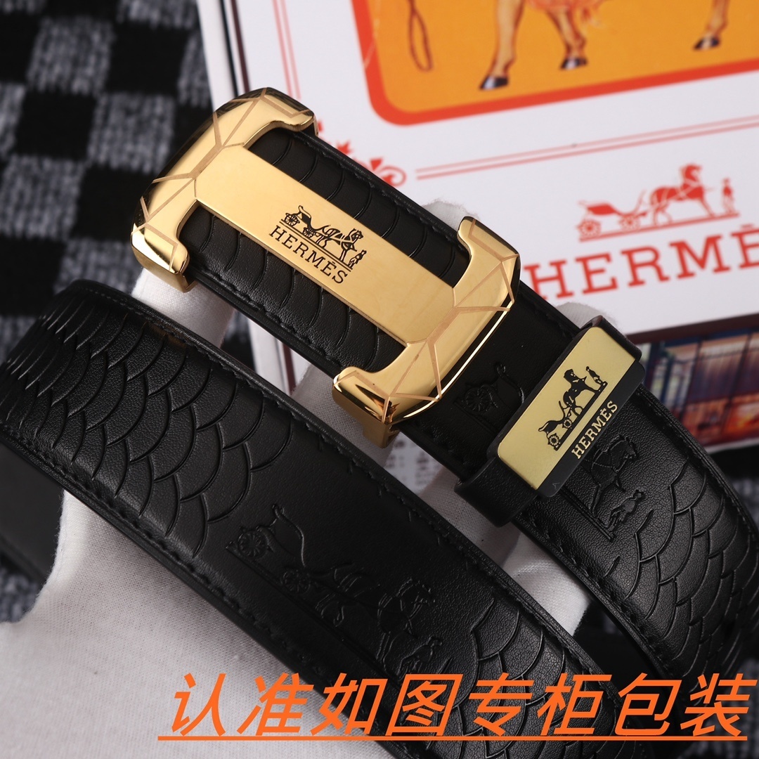 Hermes Men's Premium Leather Belt with Geometric H Buckle