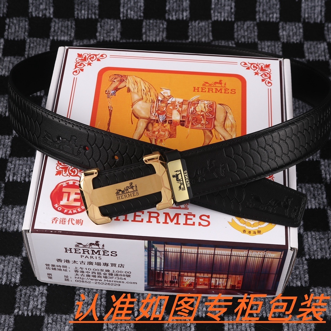 Hermes Men's Premium Leather Belt with Geometric H Buckle
