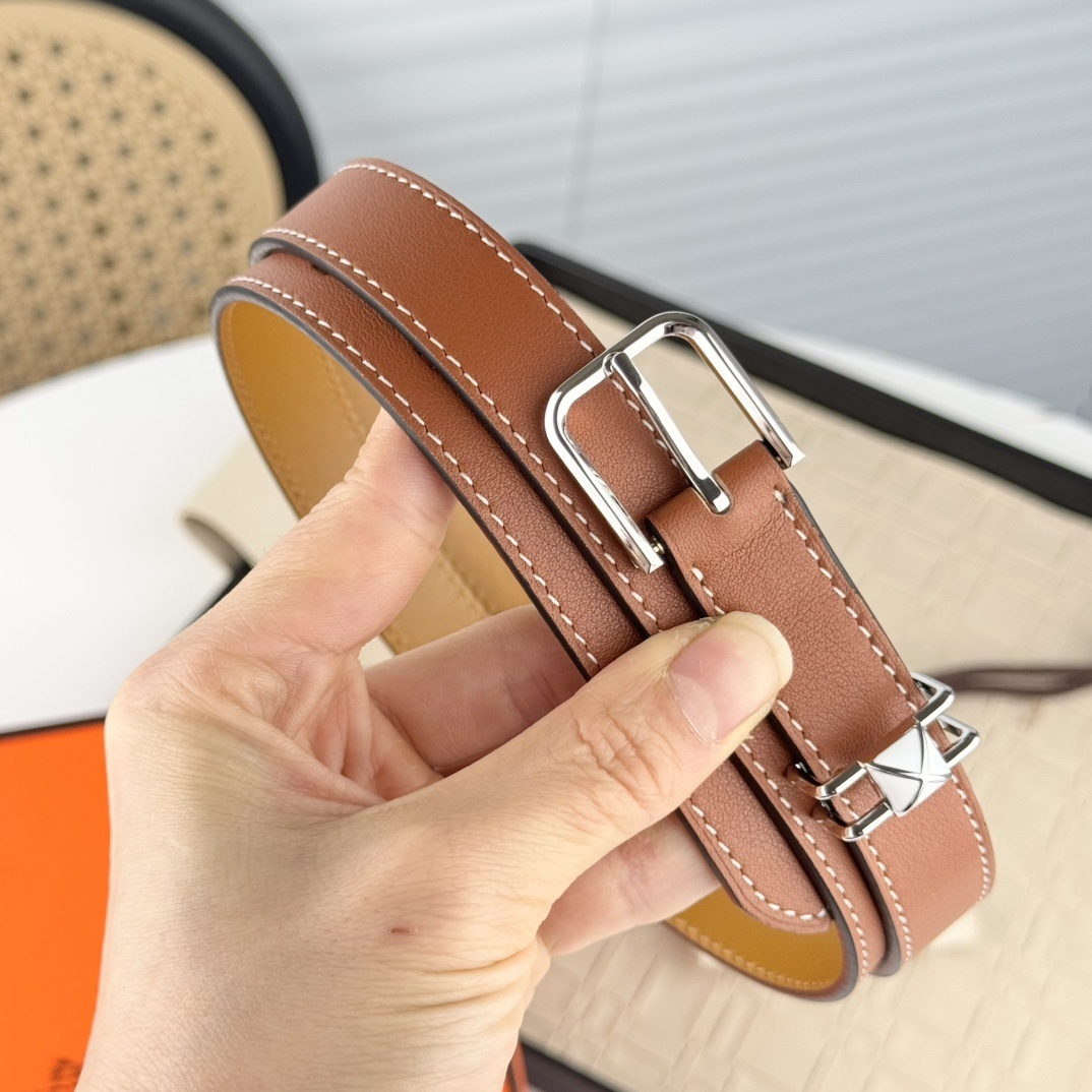 Luxury Hermes Slim Leather Belt - Brown with Silver Hardware