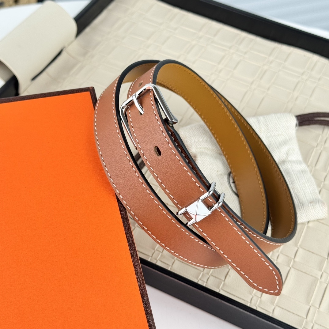 Luxury Hermes Slim Leather Belt - Brown with Silver Hardware