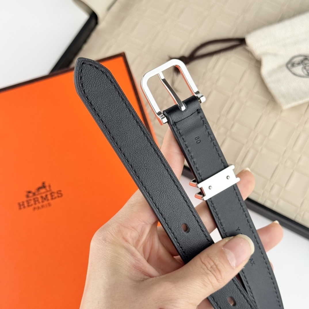 Luxury Hermes Black Leather Skinny Belt with Silver Medor Stud